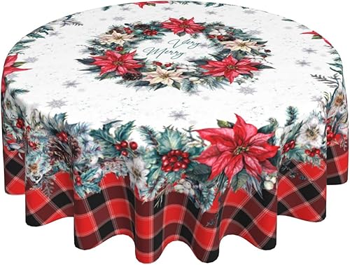 Mantel de Navidad de Pascua redondo de 60 pulgadas, diseño de copos de nieve de búfalo rojo, lavable, resistente a las manchas, mantel de poliéster