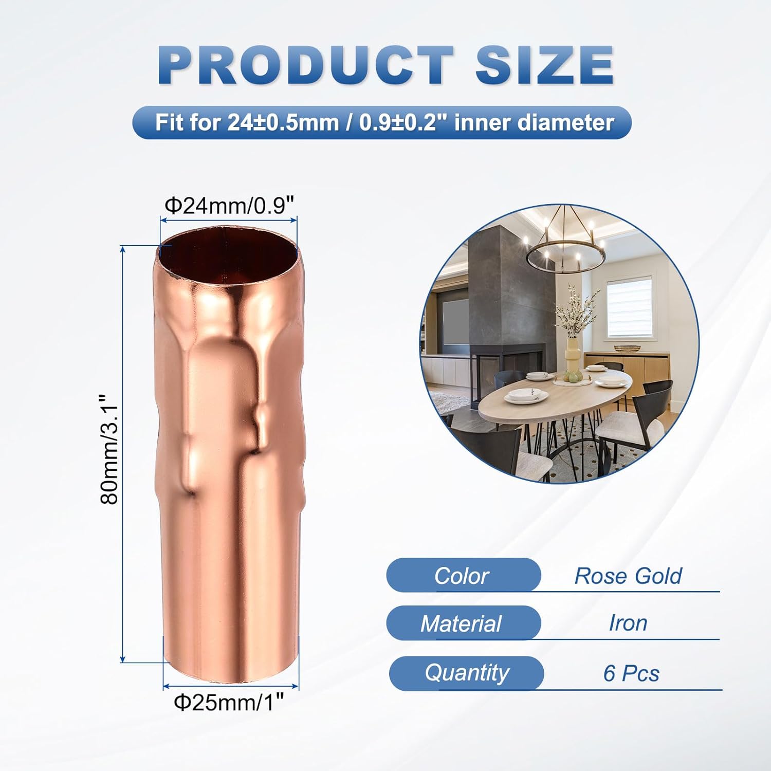 Candle Sleeves for E14 Chandeliers 3.2 Inch 6 Pcs - 24mm I.D. Metal Socket Covers with Dripping Candelabra Base, Light Bulb Accessories for Lamps DIY Lighting Fixture, Rose Gold