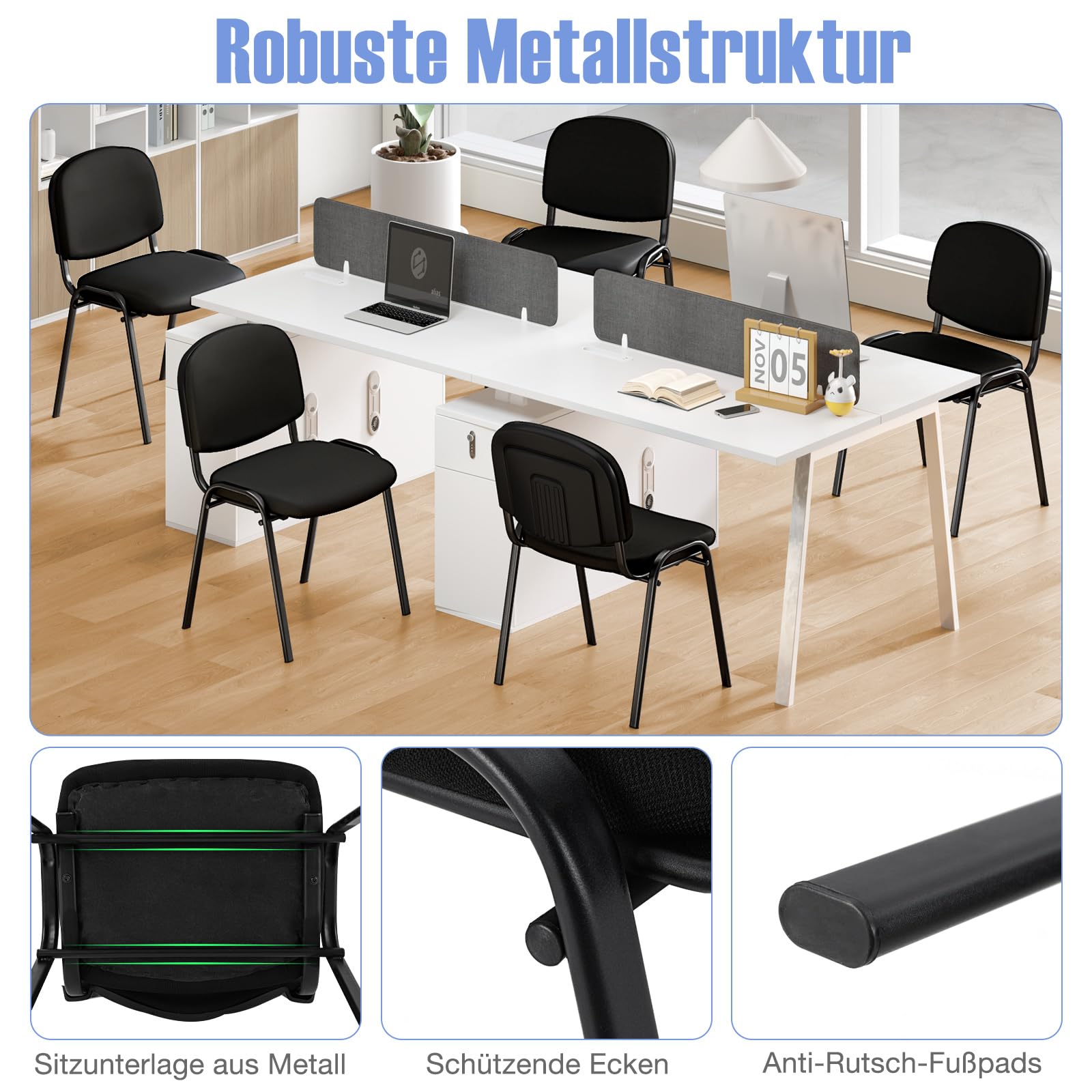 COSTWAY Konferenzstühle stapelbar 5er Set, Besucherstühle ohne Armlehnen, armlose Stapelstühle mit Metallrahmen, Wartezimmerstühle für Büro, Konferenzraum, Schwarz