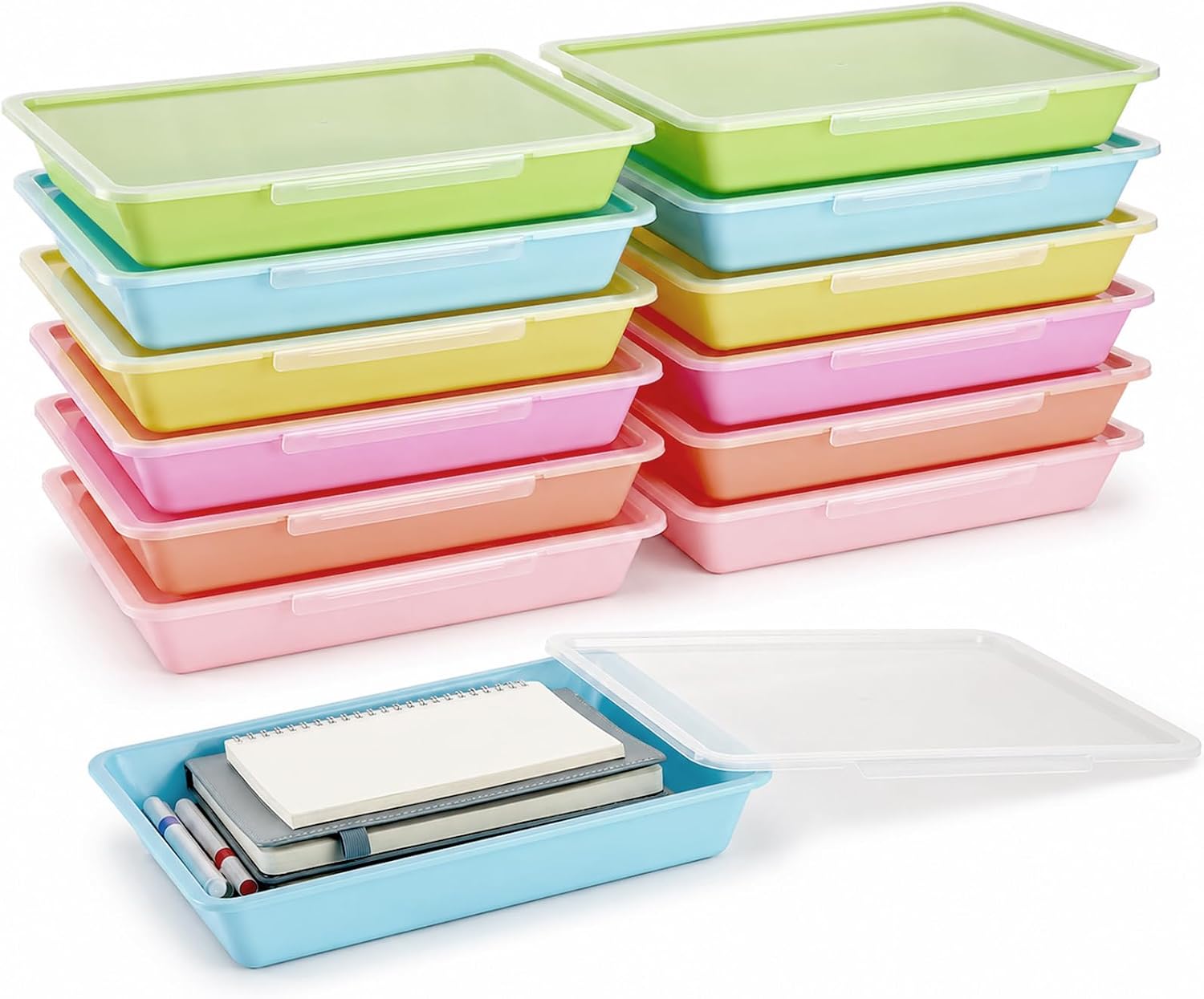 gisgfim 12 Pack Flat Storage Paper Tray with Clear Latching Lids, Pastel