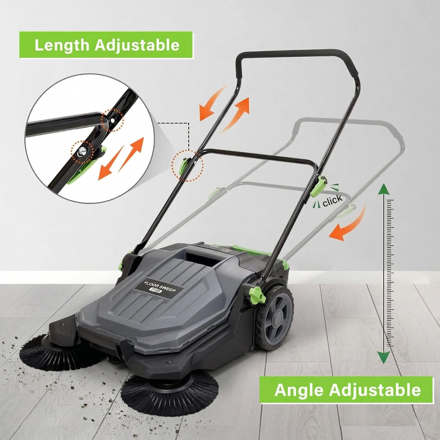 Walk-Behind Hand Push Floor Sweeper, 25.6" Sweeping Width Floor Sweeper Manual Non-Electric, 5-Gallon Waste Container, Angle & Height Adjustable Folding Handle for Walkway, Yard, Garage, Patio (25.6")