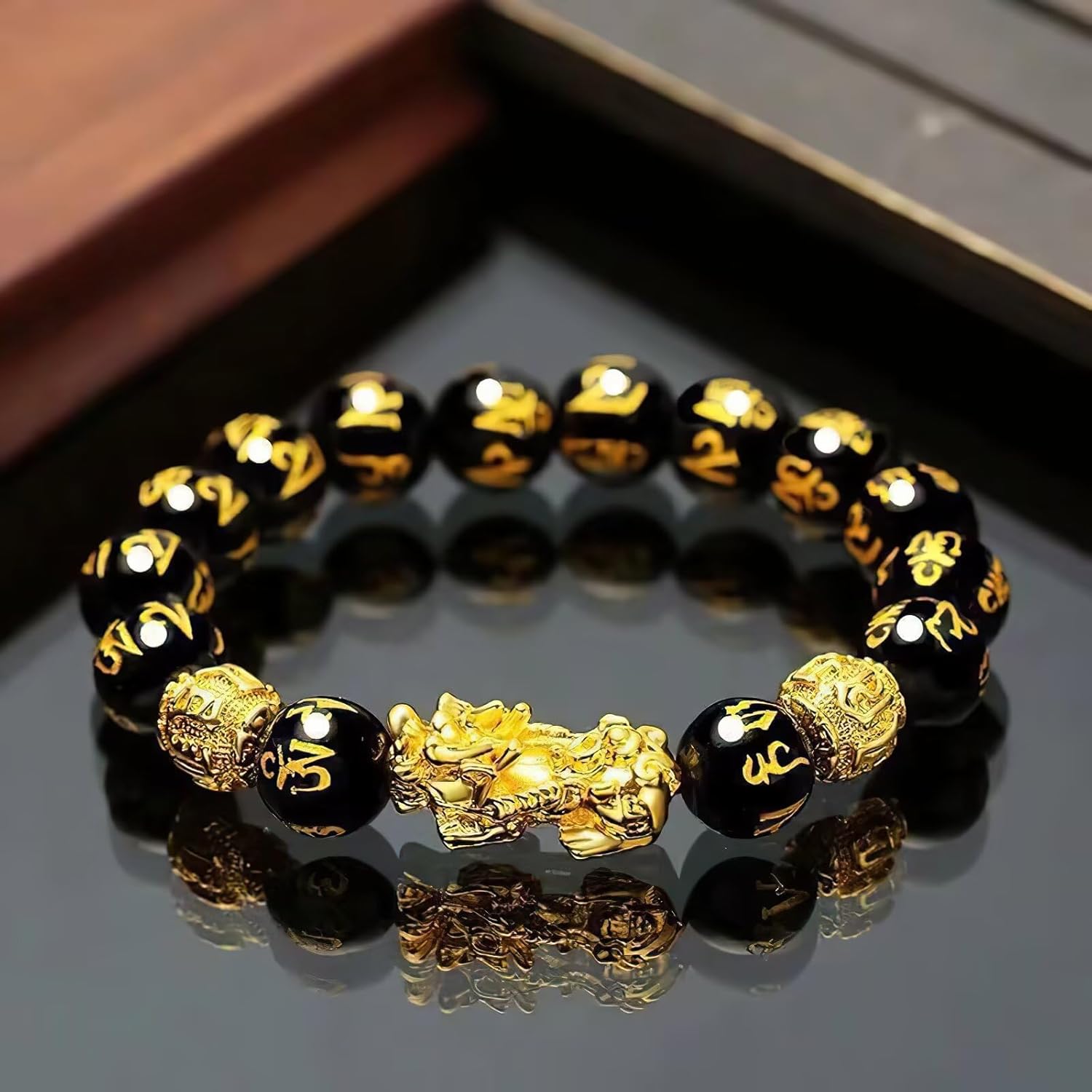 Feng Shui Bracelet Money Good Lucky 24k Gold Plated, Obsidian Wealth Buddha Bracelet Dragon Protection, Mantra Prayer Beads Bracelets Can Bring, Wealth and Health for Men Women - Image 3