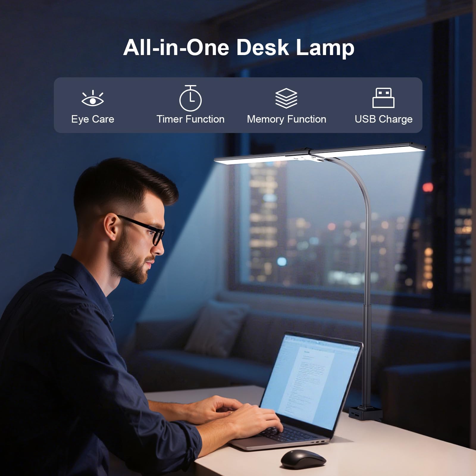 Lampara de Escritorio de LED 24W con Control Remoto - 1500LM 80CM Flexo LED Escritorio con Pinza Luz Leer Puerto de carga USB para Estudiar, Oficina, Negro