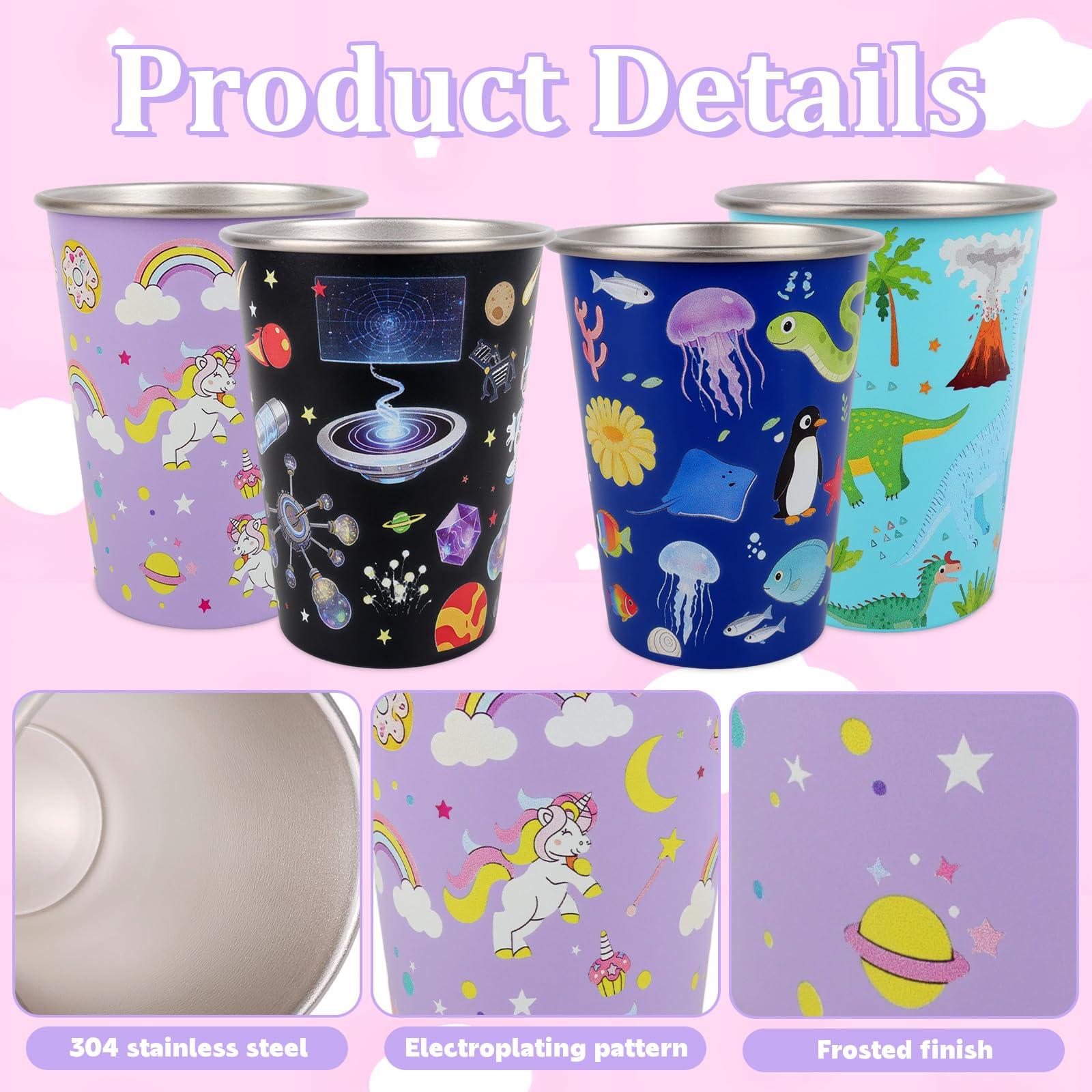 Set di 4 Bicchieri in Acciaio Inox per Bambini 350ml, Tazze in Acciaio Inox, Animali Marini Dinosauro Spazio Unicorno, Bicchieri Riutilizzabili Infrangibili Impilabili per Scuola Casa Campeggio