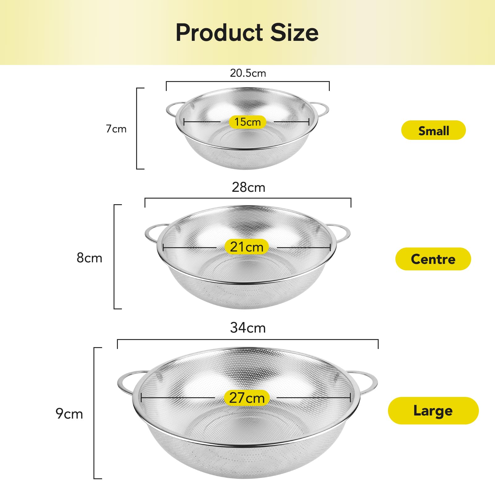 NVIYAM 3pcs Colador de Cocina, Acero Inoxidable con Asas, Juego de Coladores de Cocina Microperforado Pulido Brillante, Colador de Cocina Para Pasta, Frutas, Arroz, Verduras,Apto para Lavavajillas