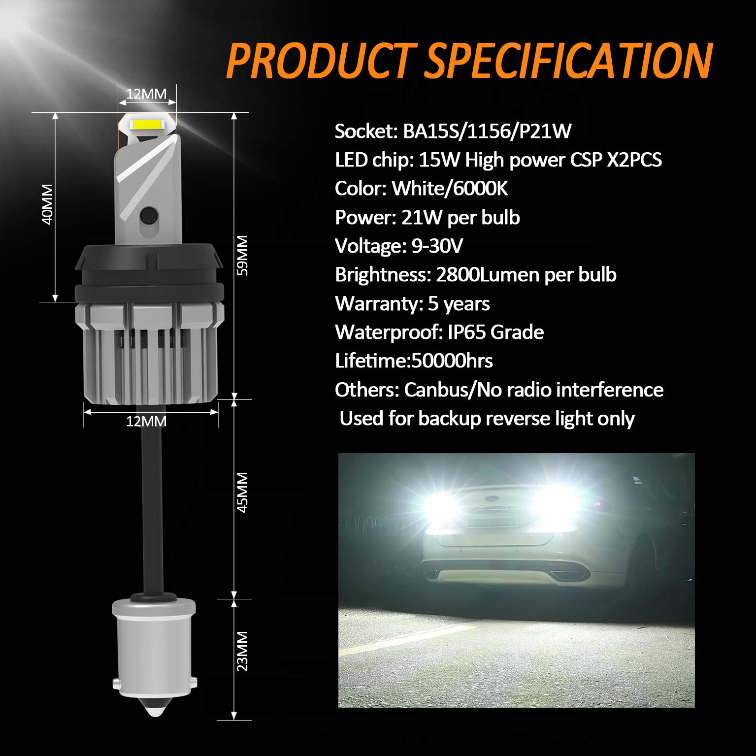 Lampada Led Luce Retromarcia Canbus BA15S 1156 12V 24V 21W Bianco 2800 Lumens
