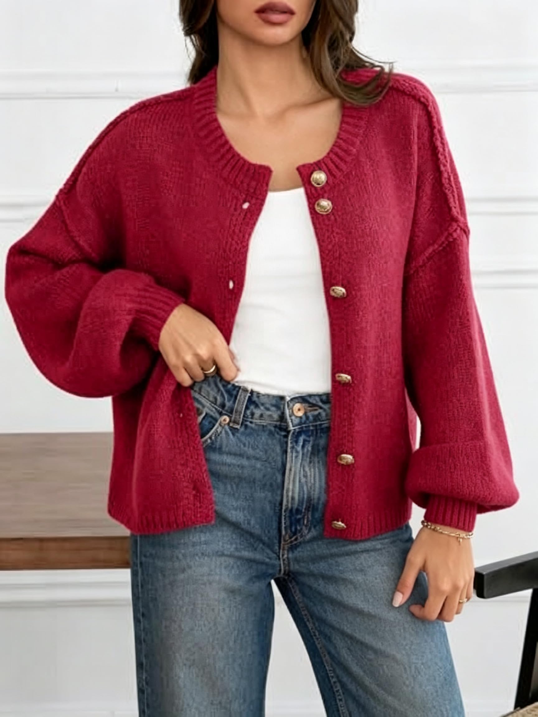 Cardigan Corto Da Donna In Maglia Grossa Maglione Oversize Cappotto con Bottoni Maniche A Palloncino Cardigan Lavorato A Maglia Comodo Cappotto Maglione Dalla Vestibilità Ampia per Donna Outfit Cas