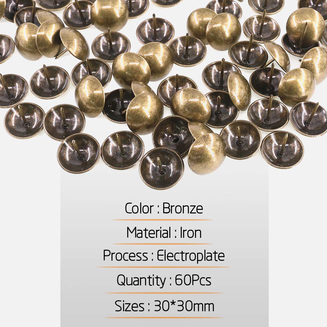 Rustark 60Pcs 30mm × 30mm Antique Upholstery Decorative Tacks Furniture Sofa Thumb Tacks Nails Pins Assortment Kit for Upholstered Furniture Cork Board - Image 3