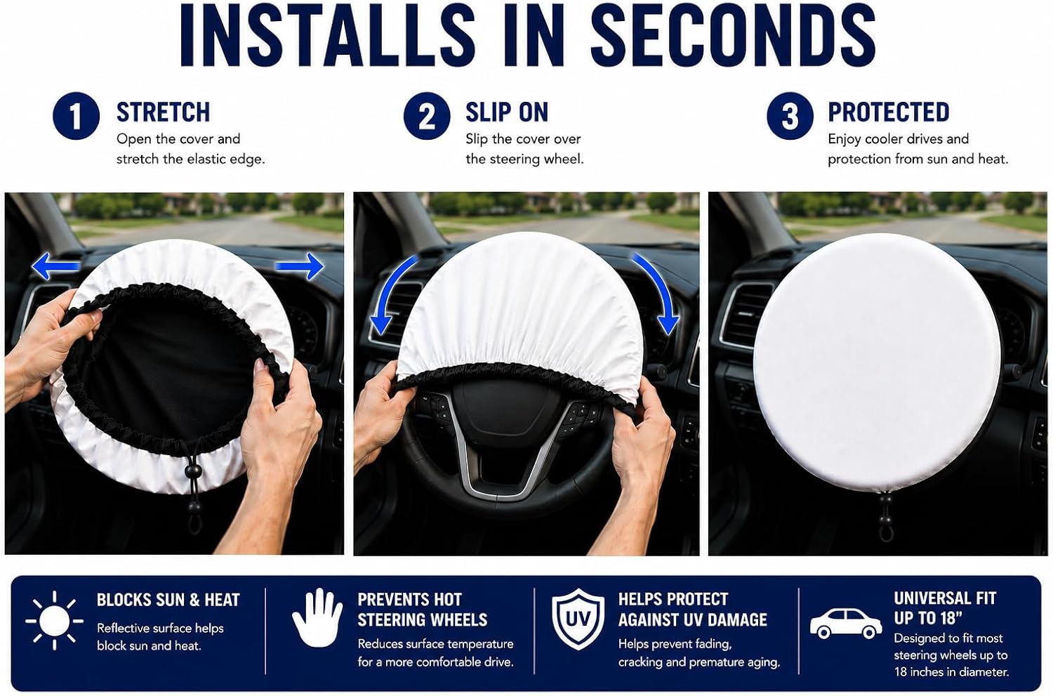 Steering Wheel Sunshade Cover, Anti-Heat Cooling Shield, Blocks Sun & Heat, Reflective White, Universal Fit for Most Cars (Up to 18")