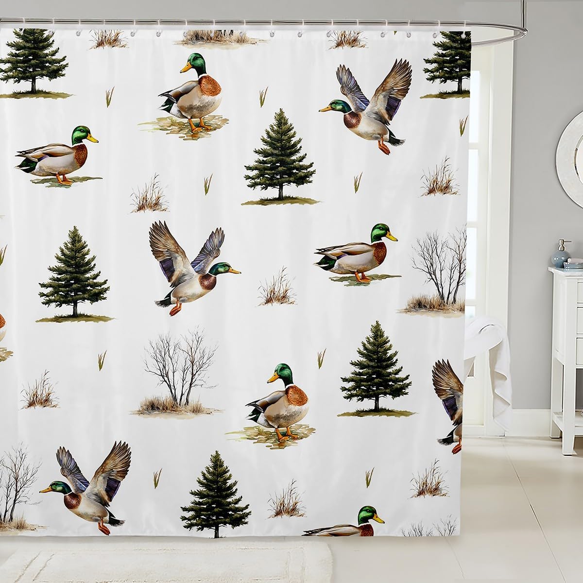 Erosebridal Mallard Duck Hunting Shower Curtain,Woodland Tree Branches Bathroom Shower Curtain Sets,Flying Duck Wildlife Safari Animal Bath Curtain,Rustic Farmhouse Kids' Shower Accessories,72"Wx78"L