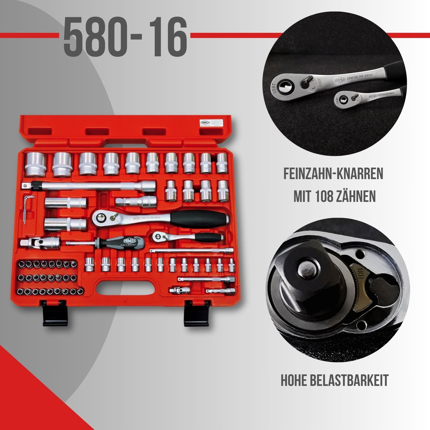 FAMEX 580-16 mechanik zestaw kluczy nasadowych z 108-zębowymi grzechotkami - profesjonalna skrzynka z grzechotką - mechanizm blokujący - wkładki bitowe