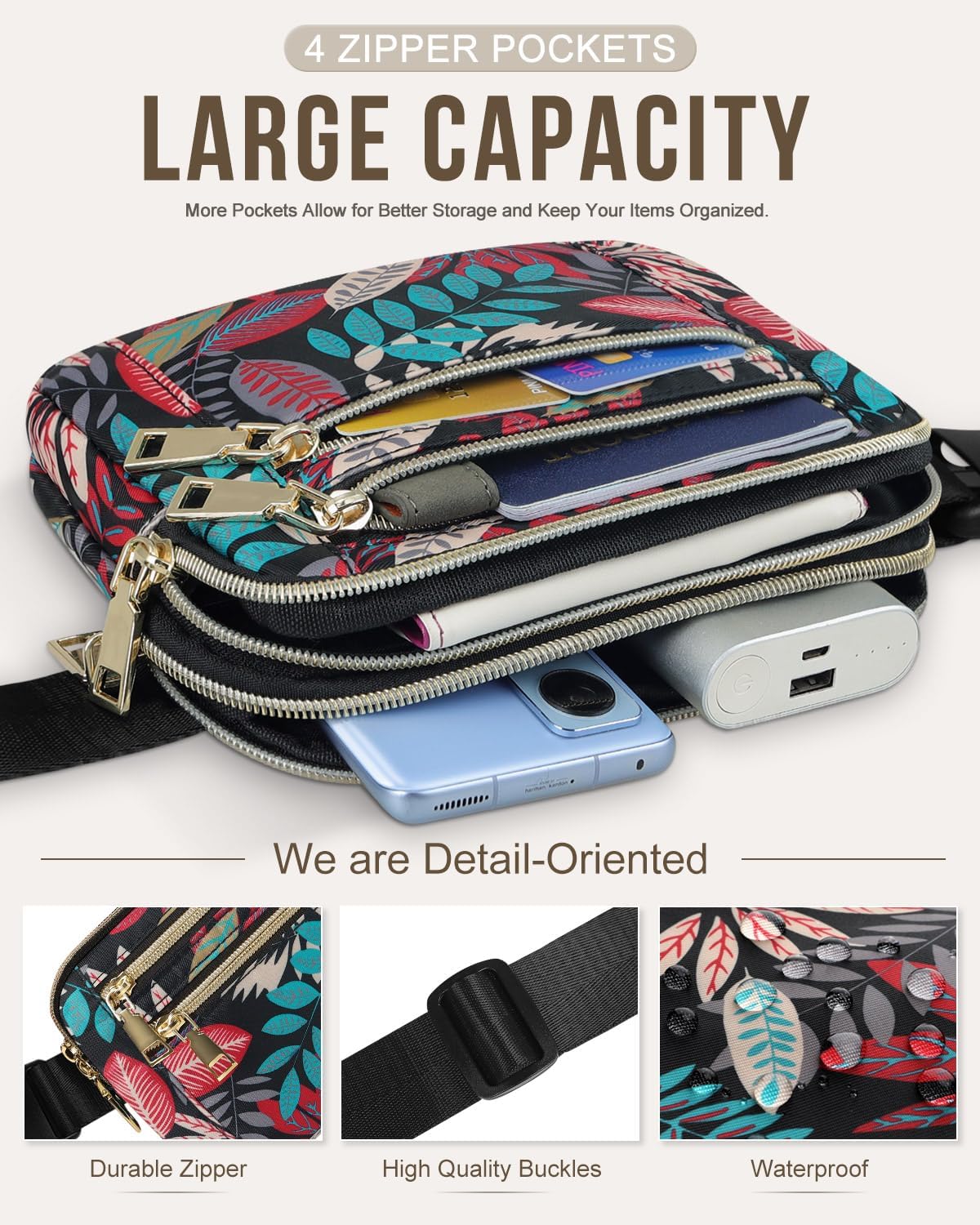 Capolo Fanny Packs for Women Fashion Waist Packs Bag with Adjustable Strap and 4 Zipper Pockets Waterproof Everywhere Crossbody Belt Bag for Workout Running Travelling(Red Leaves) - Image 3