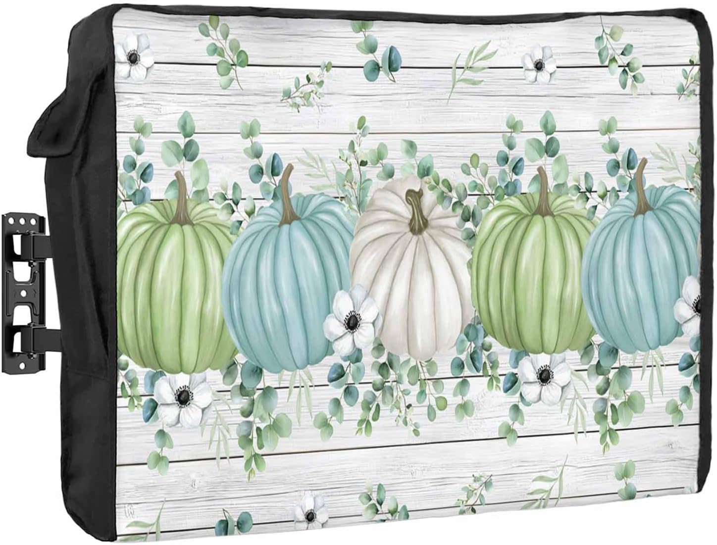 Pumpkin for Thanksgiving Outdoor TV Cover Vintage White Wood Grain Waterproof and Weatherproof 70"-75" LCD Movable Shield TV Display Screen Protector Outside Television Covers 68"Wx42"H
