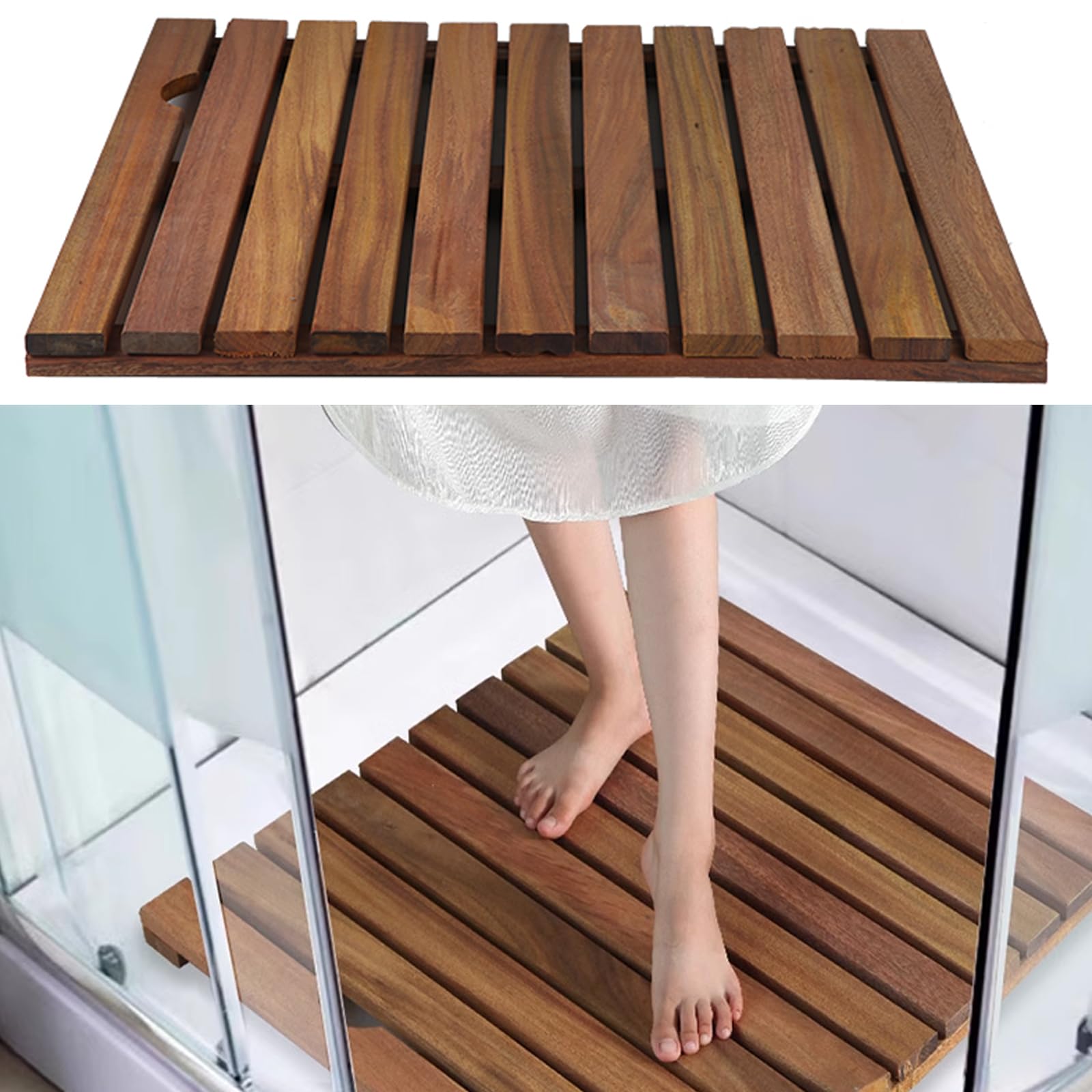 Schnell Trocknende Bambus Badematte,Rutschfeste Rechteckige Spa Holz Badvorleger Badematte,Wasserdichte Duschmatte,Robuste Holzbodenmatte,mit Matte und Griff,für Drinnen Draußen (45x45cm/18x18in)