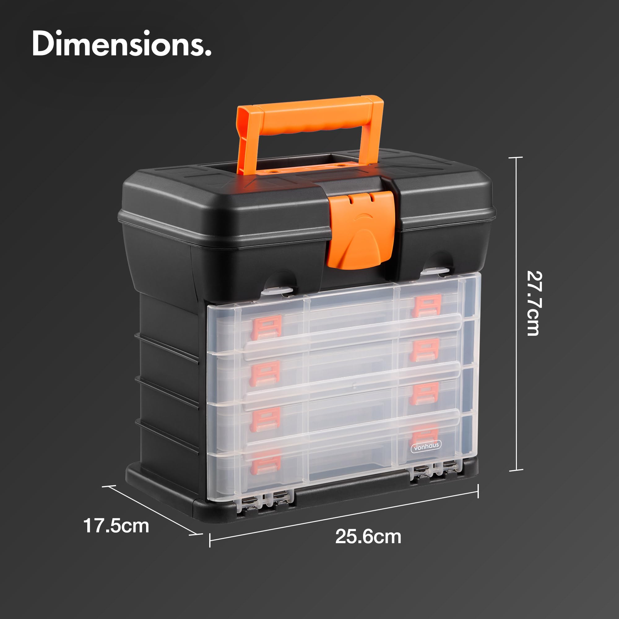 VonHaus Utility Tool Box Storage Organiser Case with 4 Drawers & Adjustable Dividers - Plastic Multi Tool Box Organiser with 4 Compartment Drawers - Ideal for DIY Tools and Accessories Storage