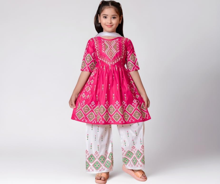 Girl's Ethnic Kurta and Straight Pant Set with Silky Dupatta