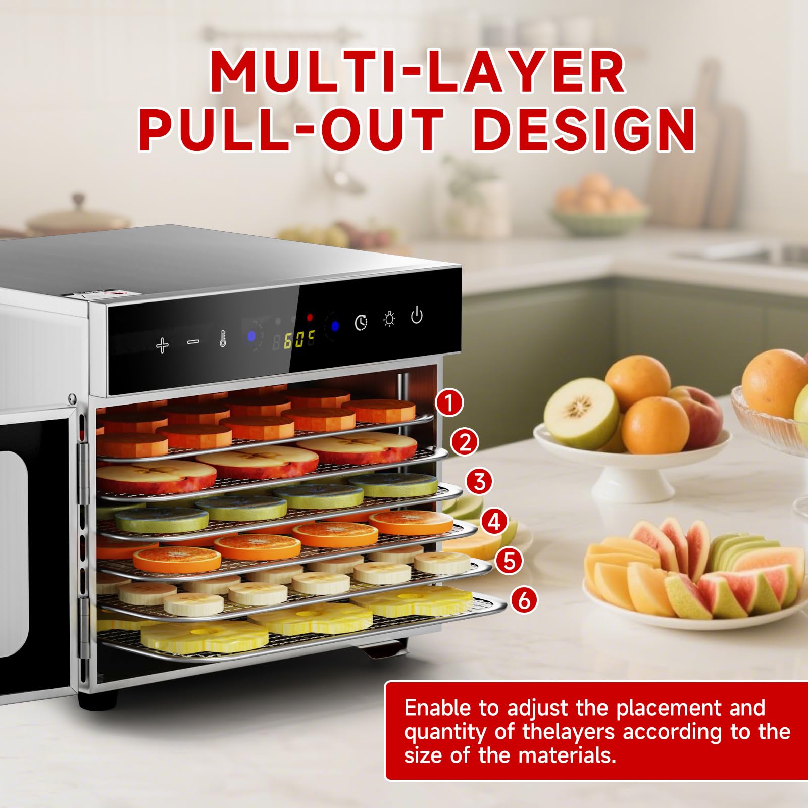 6 Plateaux Deshydrateur Alimentaire en Acier Inoxydable, avec Température Réglable 30 à 90°C et Minuterie Numérique (0-24h), pour Fruits, Poisson, Légumes, Viande, Jerky, Herbes (6 Plateaux)