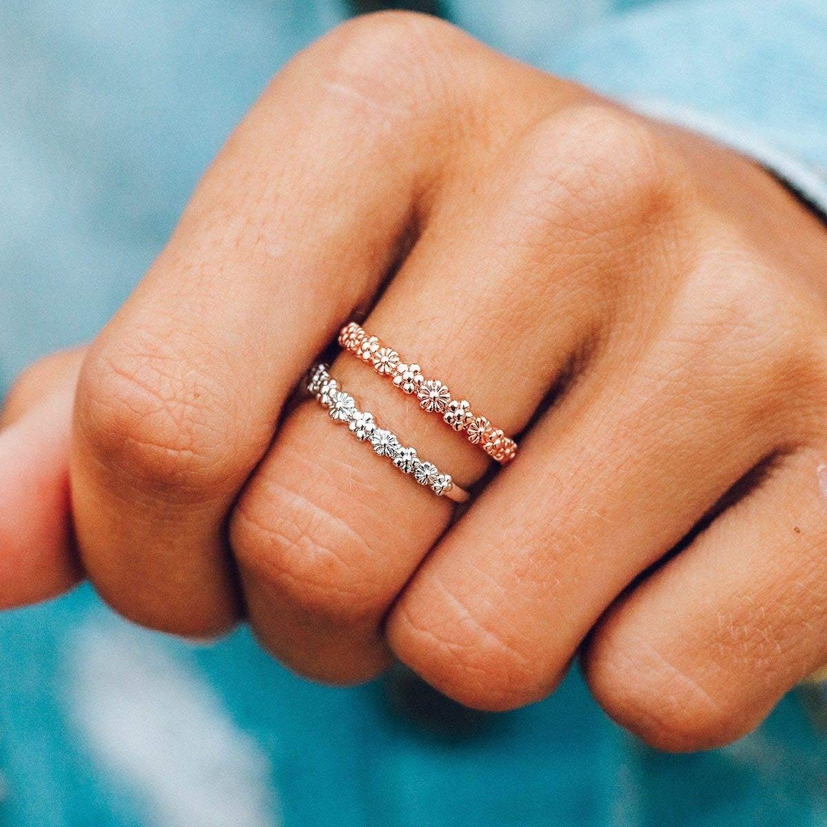 Pura Vida Silver-Plated Floral Stackable Ring - Sterling Silver Band Design - Sizes 5-9