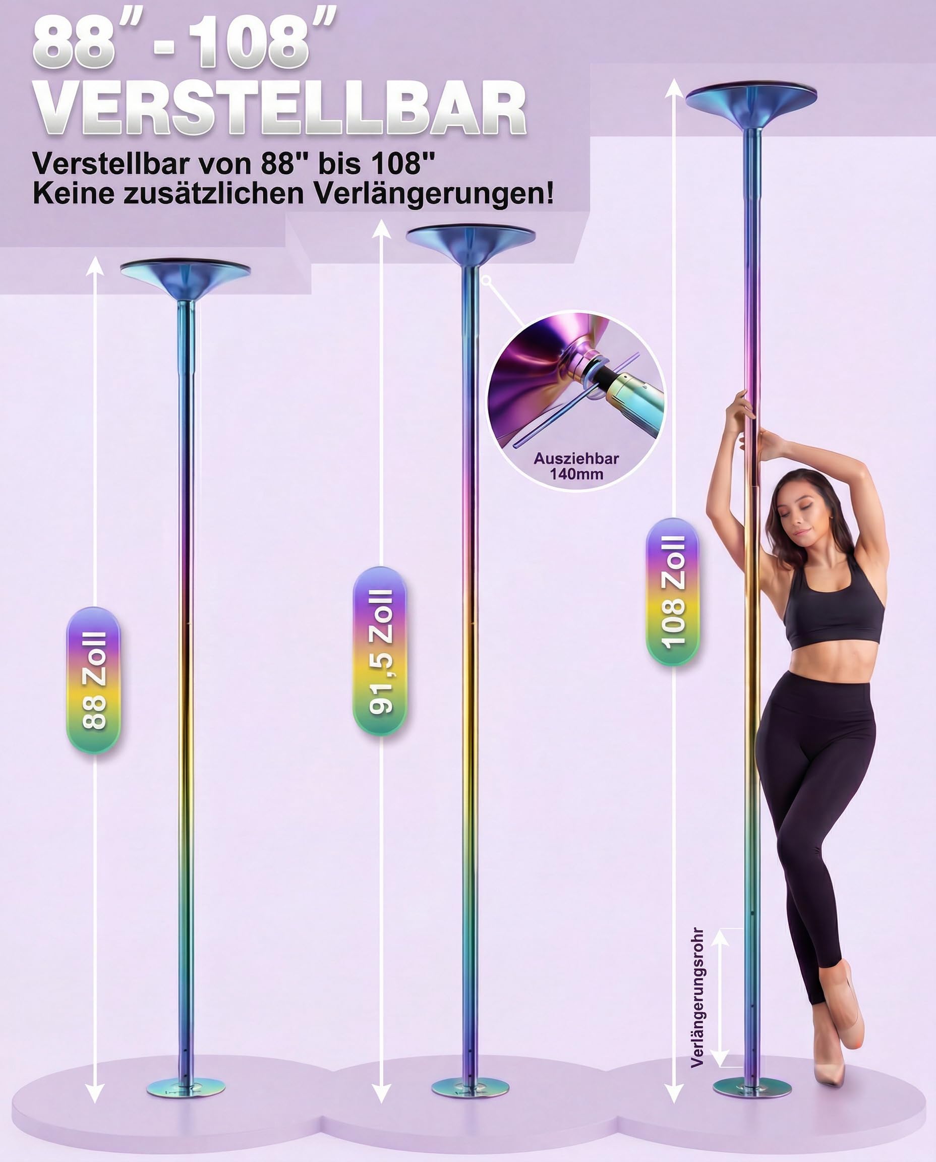 WantJoin Pole Dance Stange 45mm, Tanzstange Höhenverstellbar 224-275 cm, Statisch & Spinning, Verchromter Stahl,Poledance Set für Zuhause, Fitnessstudio, Indoor, Club und Party, Ohne Bohren
