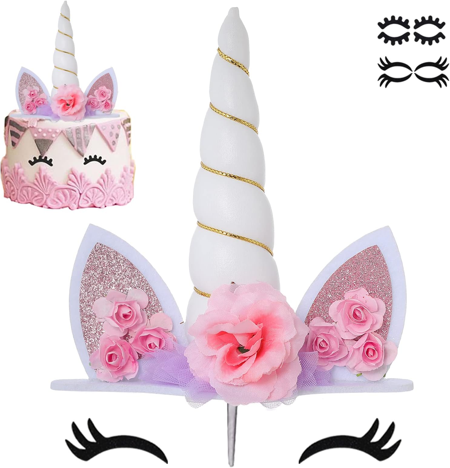 White Unicorn Cake Topper for Girls Magical Unicorn Birthday Cake Topper with Eyelashes Reusable Kids Unicorn Cake Decoration Party Supplies