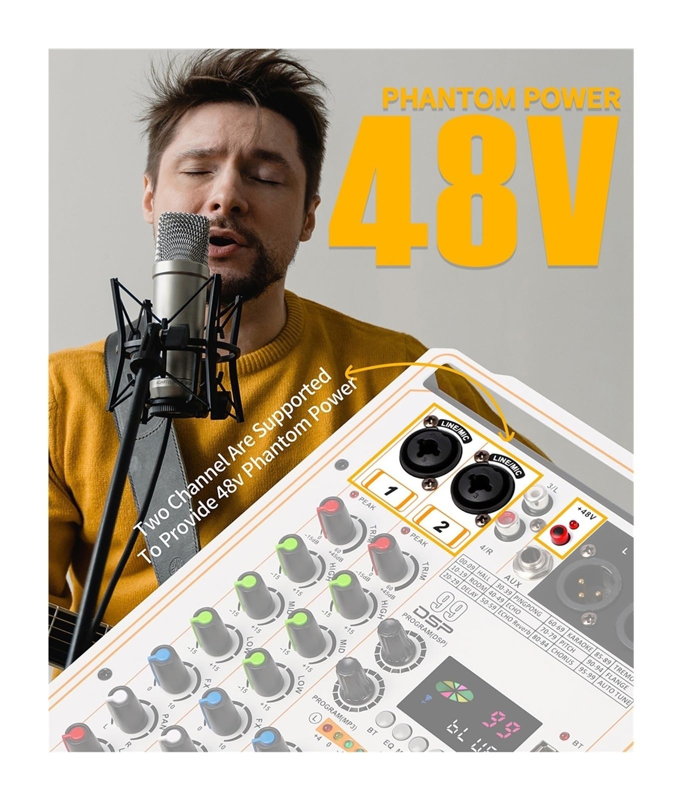 Mikser dźwięku, 99 DSP Mikser efektów 4-kanałowy przenośny 48V Phantom Power Monitor DJ konsola do profesjonalnego studia(White)