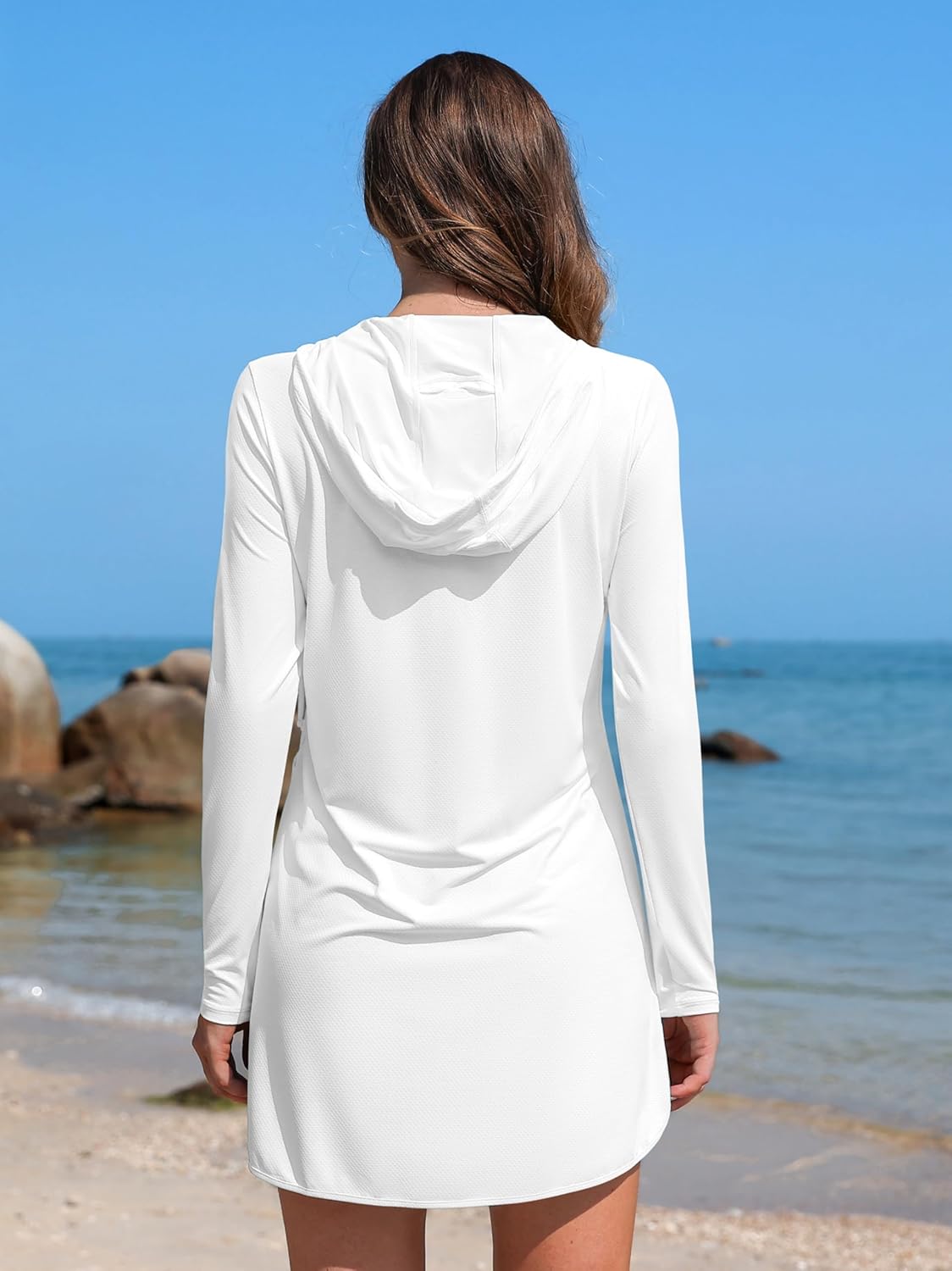 ATTRACO Womens Rash Guard Shirts Hooded Swim Shirts with Pockets Zipper Swimsuit Cover Up