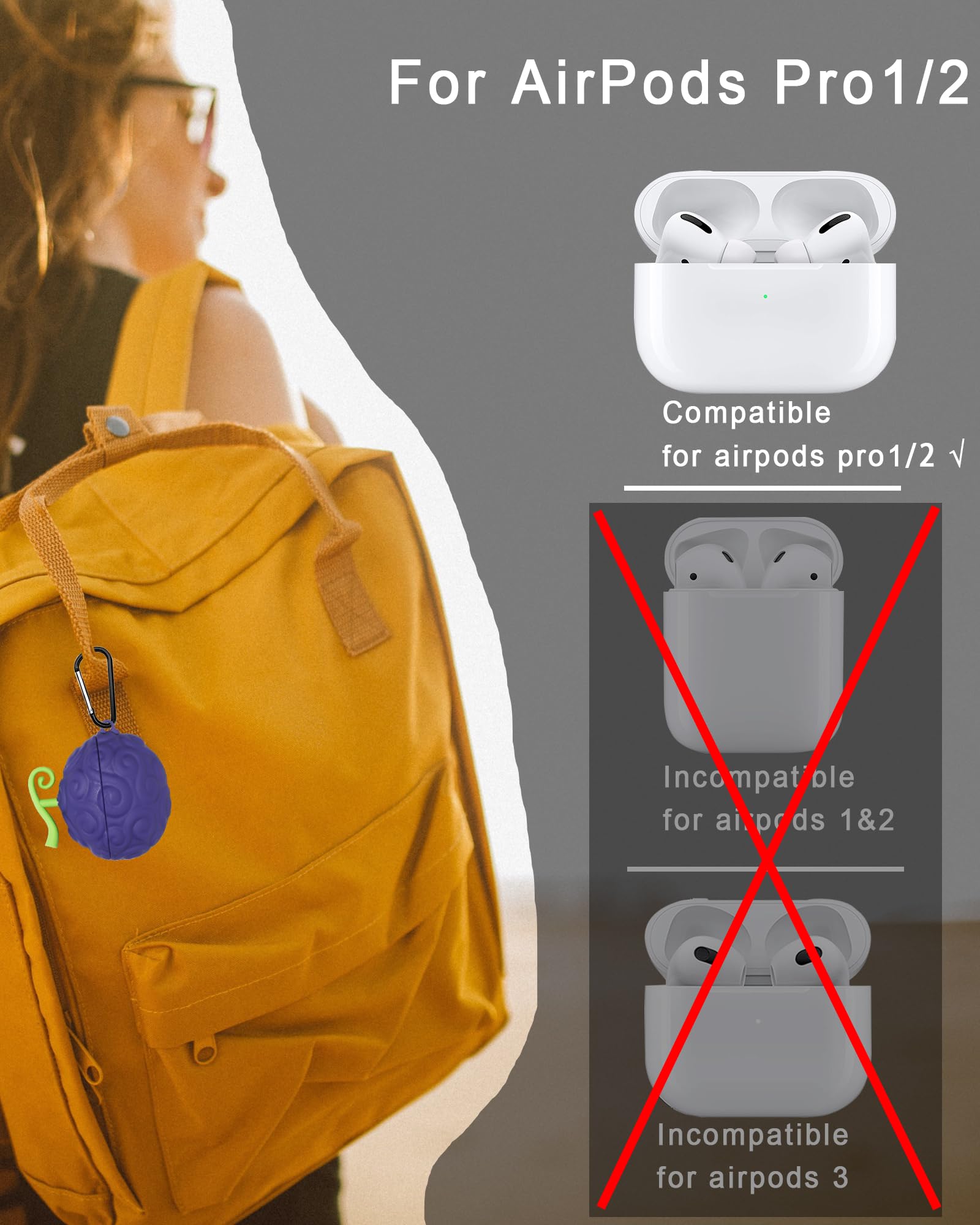 [2Pack] Fruit Cover for AirPods Pro Case Cute 2019,3D Cartoon Silicone Protective Accessories Set Kit for Devil Fruit for AirPods Pro 1st Generation Case for Boy Girl(Purple&Red Yellow Devil Fruit