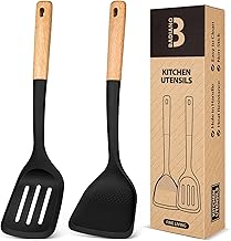 Silicone Wok Spatula Turner Set, Perfect for Scooping, Flipping, Lifting Pancakes and Picking up Veggies, BPA-Free Matte Silicone, Wooden Handles, Safe for Nonstick Cooking Surfaces (Black)