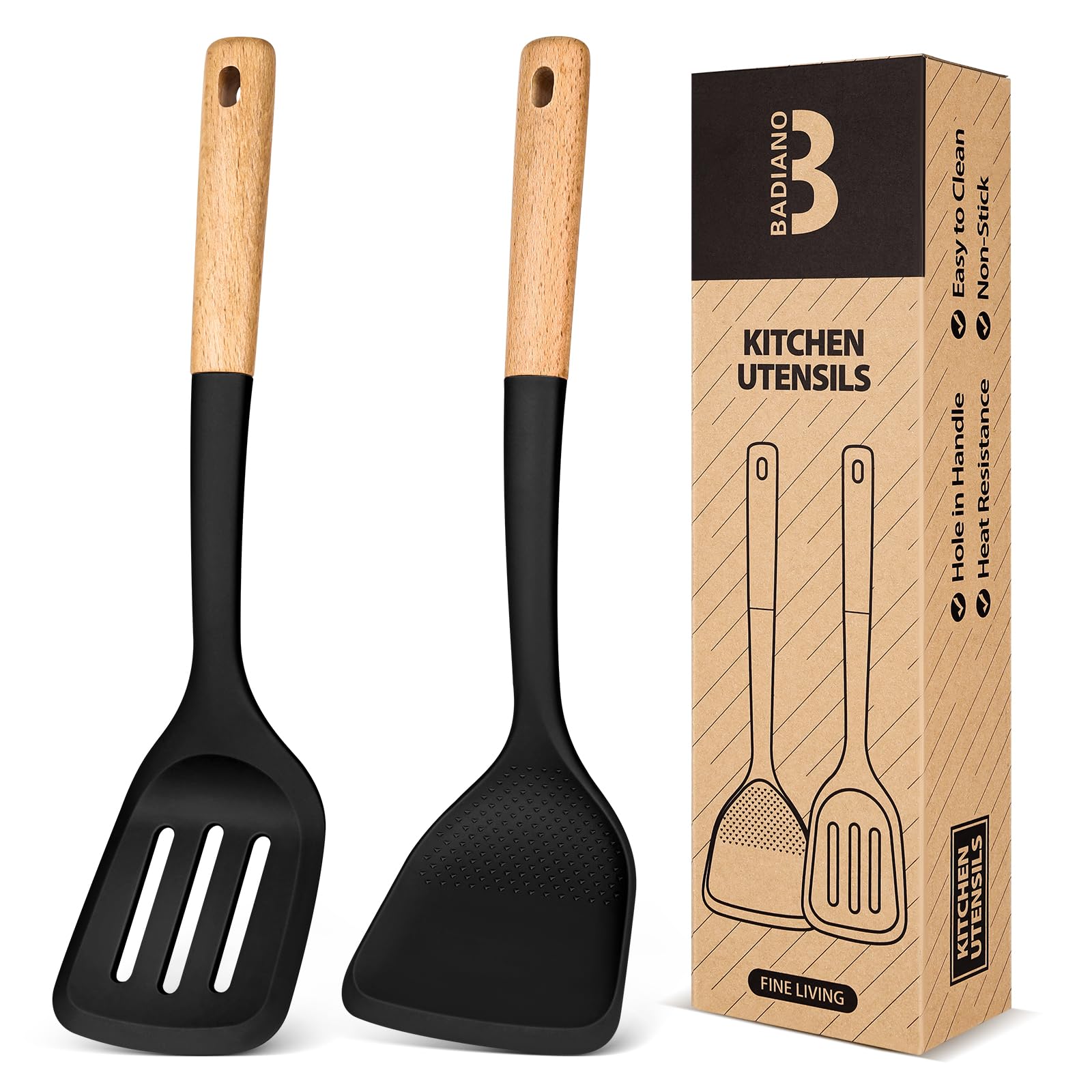 Silicone Wok Spatula Turner Set, Perfect for Scooping, Flipping, Lifting Pancakes and Picking up Veggies, BPA-Free Matte Silicone, Wooden Handles, Safe for Nonstick Cooking Surfaces (Black)