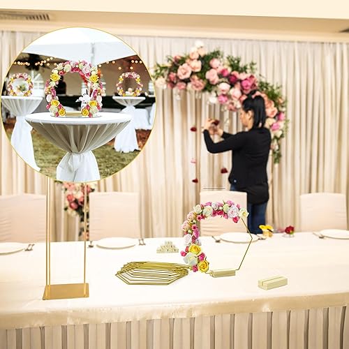 Miniatura 5 de Paquete de 12 centros de mesa de aro floral hexagonal de 8 pulgadas con soporte, centro de mesa de aro floral de metal para mesa con 12