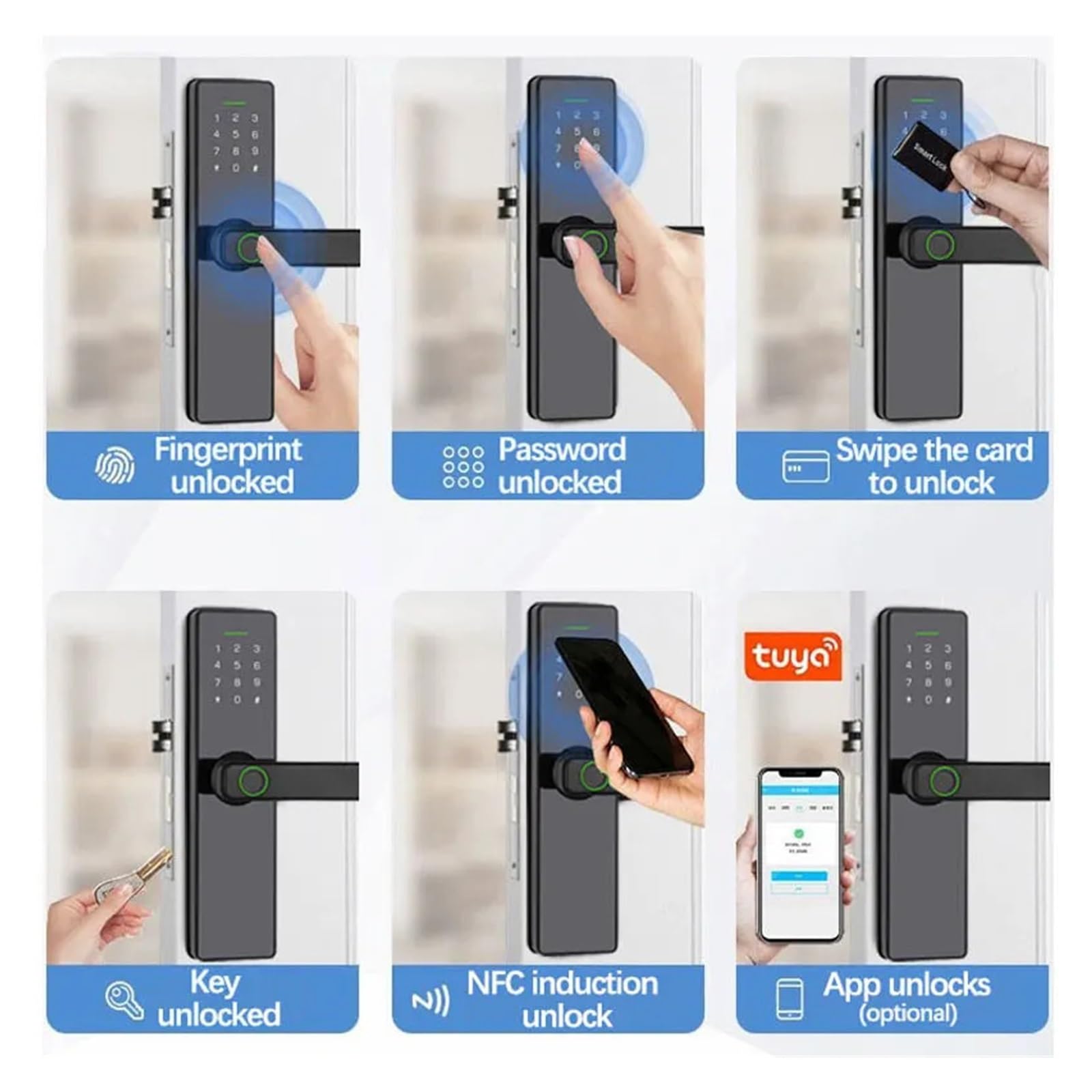 Cerradura H3 con huella digital inteligente, cerradura eléctrica contraseña, modo de paso RFID, Control por aplicación remota(AI TUYA WIFI,22 * 147(5050))