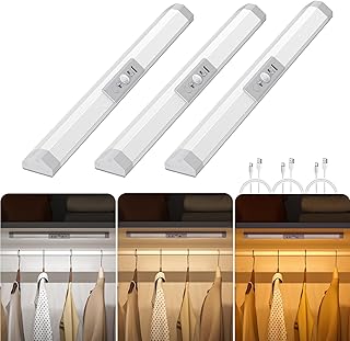 WOBANE Kleiderschrank Beleuchtung mit Bewegungsmelder, 3 Lichtfarben Dimmbar, Augenschutz Design, Wiederaufladbar LED Schrankbeleuchtung, Kabellose Nachtlicht für Schrank, Bett, RV, Flur, 3 Stück