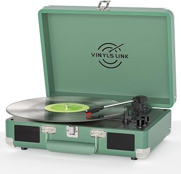 Vinyl Record Player with Built-in Speakers Treble & Bass Gain Vintage Bluetooth Turntable 3-Speed Portable Suitcase LP Player AUX-in RCA Headphone Out, Forest Green
