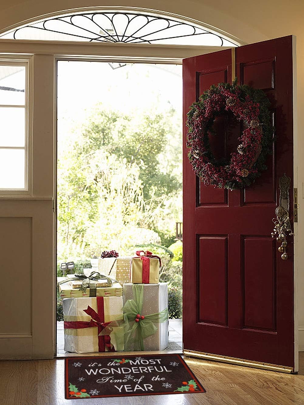 E-view Decorative Indoor/Outdoor Rubber Back Entry Way Doormat for Patio, Front Door, All Weather Exterior Doors Christmas Holiday Doormat (Color-Wonderful Time)