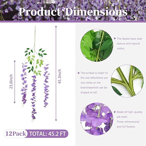 Miniatura 2 de Paquete de 12 flores colgantes de glicina morada, flores colgantes falsas moradas de 3.77 pies, guirnalda de glicina artificial morada, enredaderas