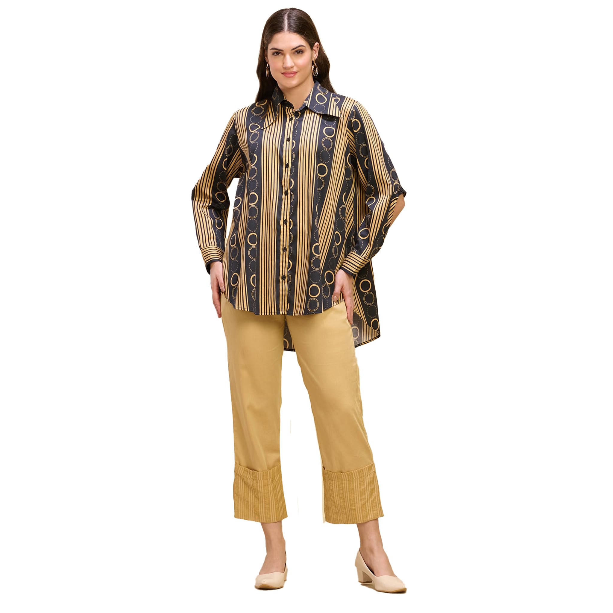black and golden powerful stripe print shirt with cutout sleeves and folded hem straight trouser set