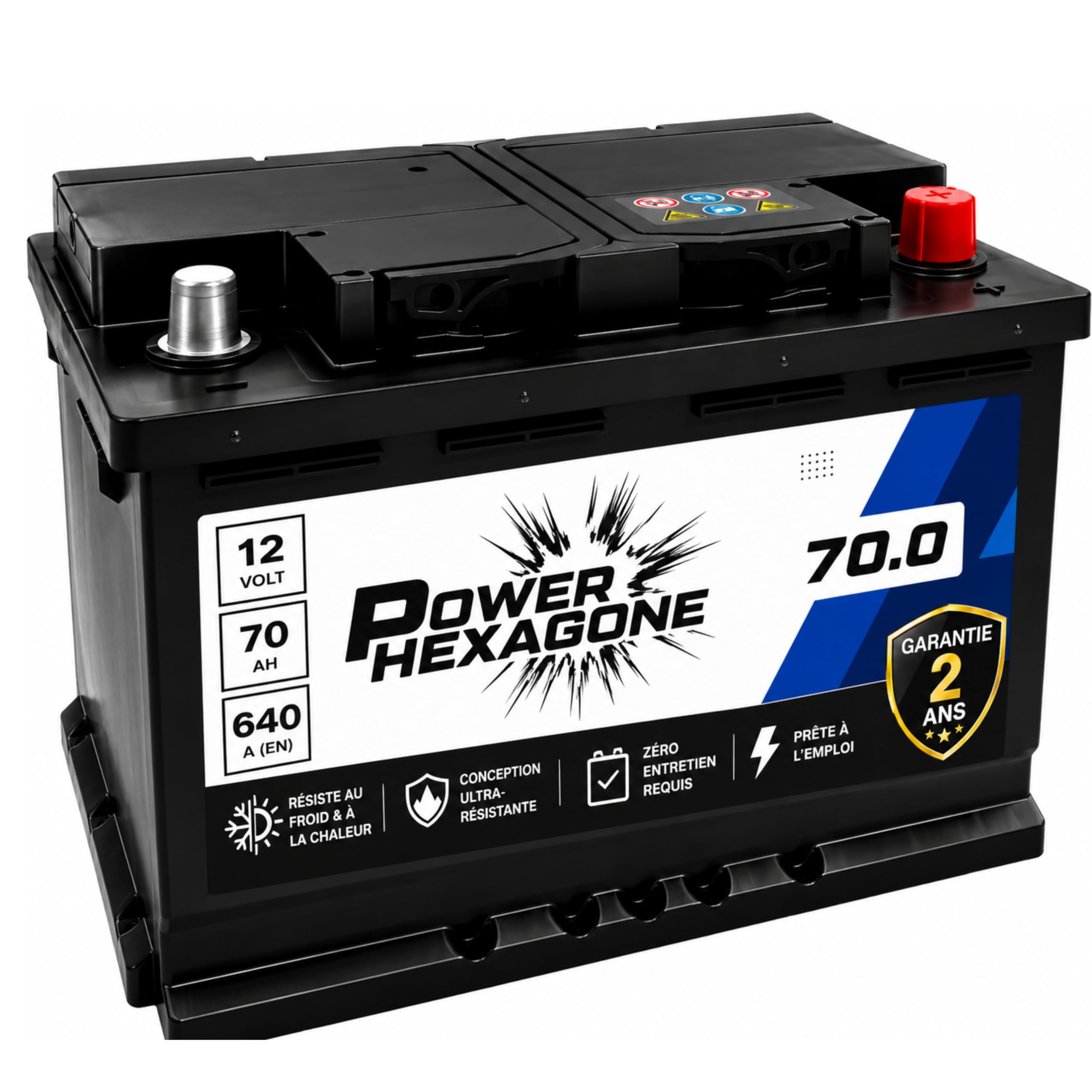 Batterie Voiture 12V 70 Ah L3 - Puissance de Démarrage 640A - Qualité Origine - Batterie Auto Sans Entretien - Prête à l’emploi - Compatible Voiture et Chantier - Livraison Power Hexagone