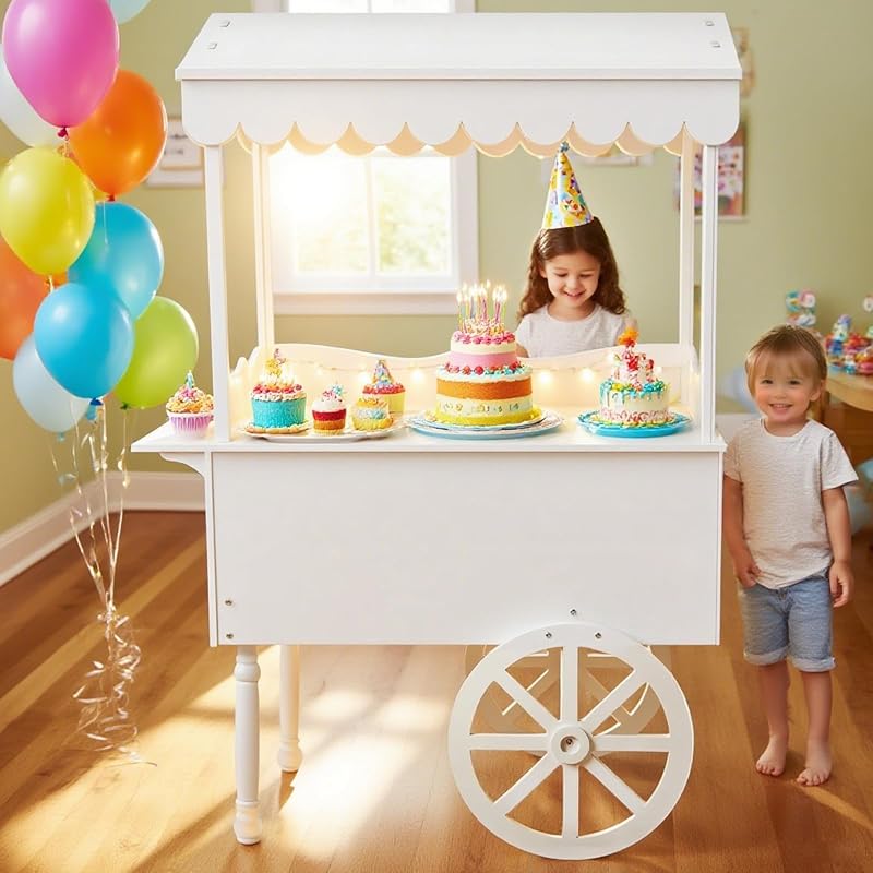 Candy Cart, Display Stand with 100 Balloons, Solid Wood Vintage Dessert Cart with Shelf & Wheels for Candy & Dessert Display, Easy to Assemble for Parties, Birthdays, Weddings, Bar