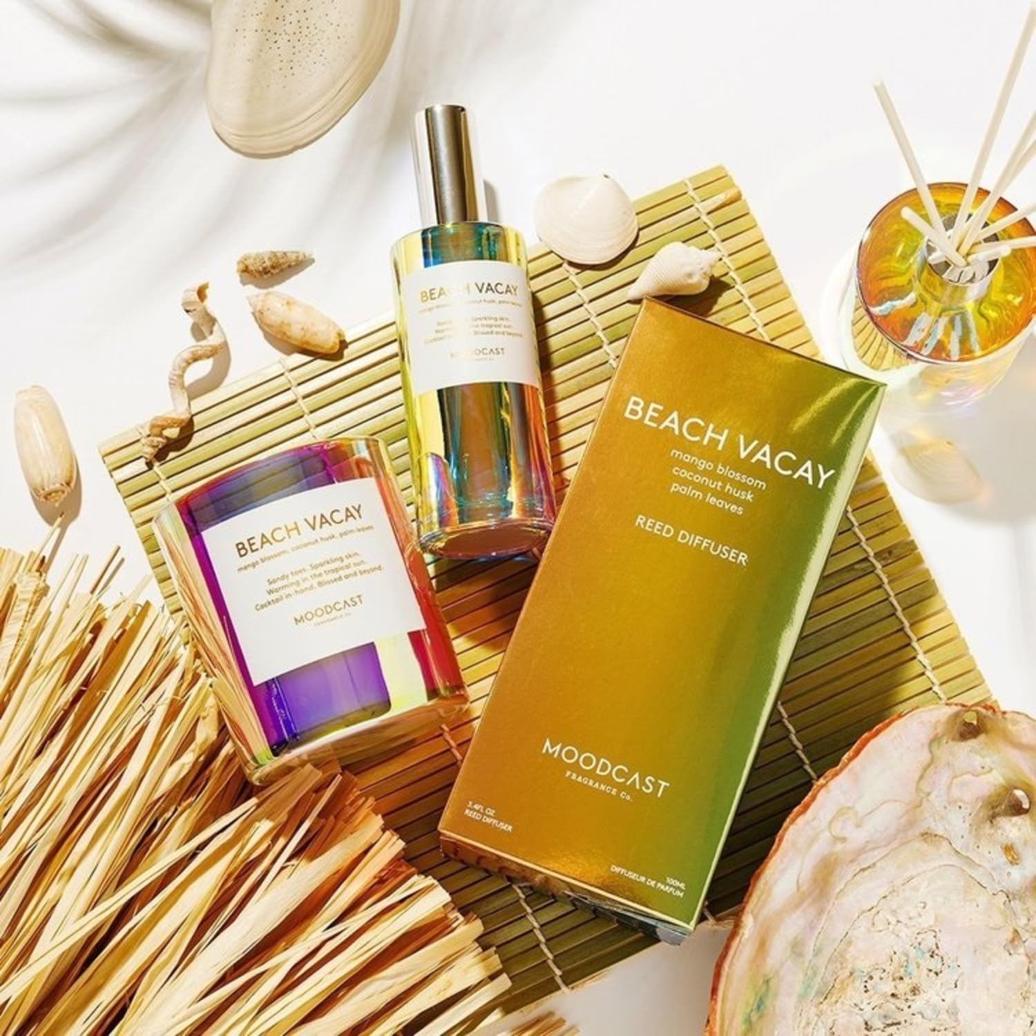 Moodcast Beach Vacay Reed Diffuser - Luxury Scent Diffuser for Home, Fragrance for Bedroom & Bathroom - Mango Blossom, Coconut & Palm Leaf, 8 Reeds, Clean Ingredients - 3.4oz