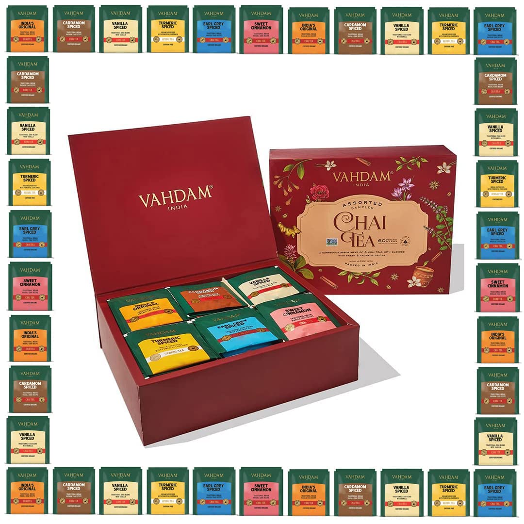 VAHDAM, Organic Chai Tea Variety Sampler Pack 6 Flavors 10 Tea Bags