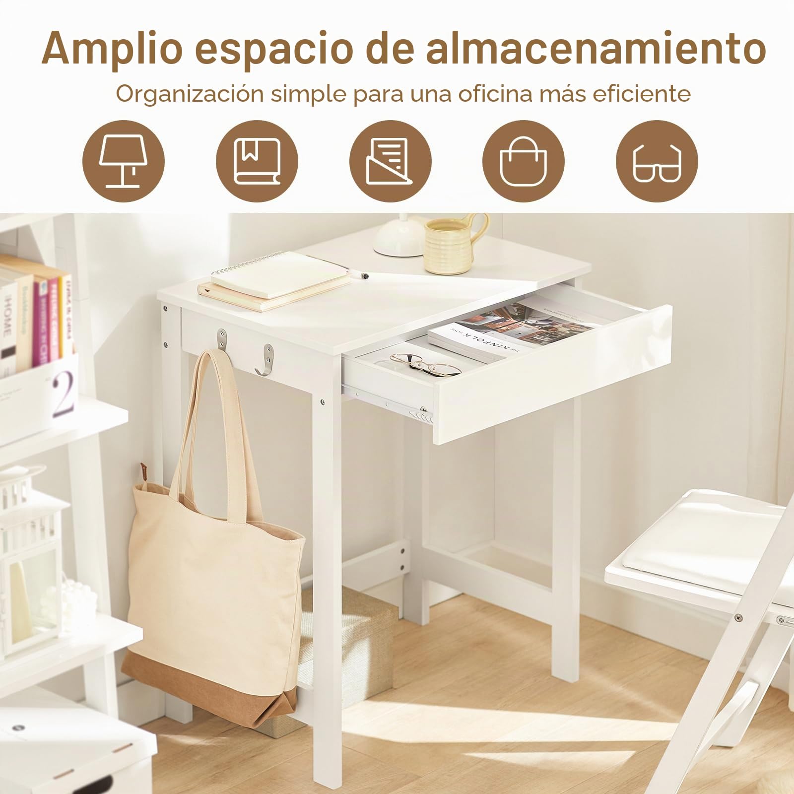 SoBuy FWT43-W, Mesa de Escritorio, Mesa de Ordenador con un Cajón y 2 Percheros Blanco ES
