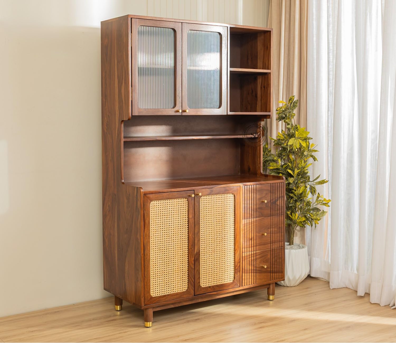 Suryavanshi Premium Solid Wood Crockery Cabinet with Glass & Cane Doors | Kitchen Storage Hutch with Shelves & Drawers | Modern Mid-Century Design | Natural Finish-image-46