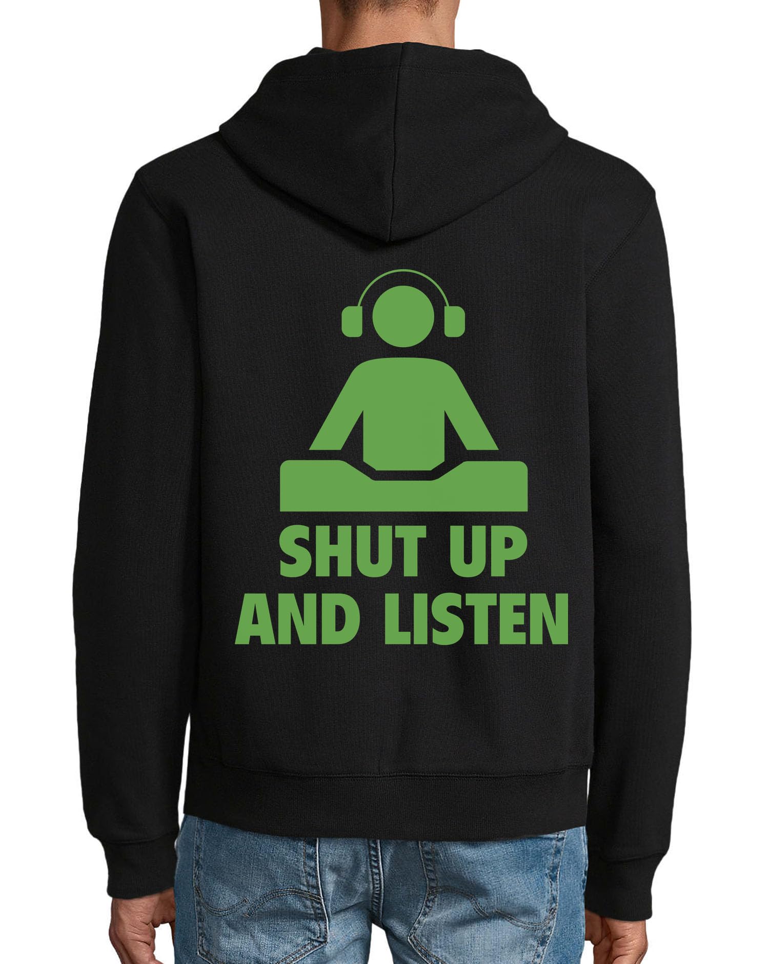 Shut Up and Listen Slogan Headphones Felpa con cappuccio in misto cotone con cerniera Felpa con cappuccio Nero