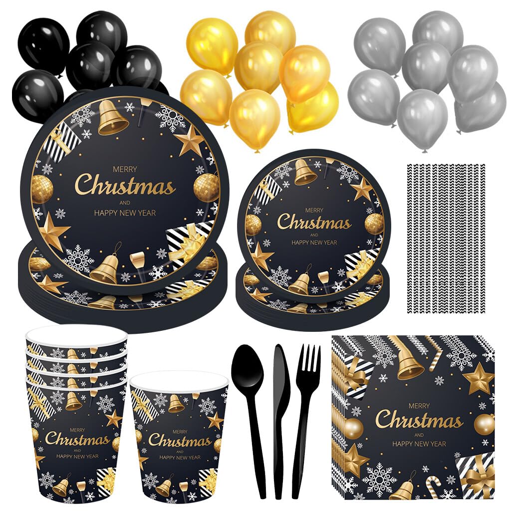 Merry Christmas Paper Dinnerware Set Suit for 8 People Disposable Plates for Christmas Christmas Plate Cup Straw Napkins Holiday Disposable Dinnerware (Style-B)