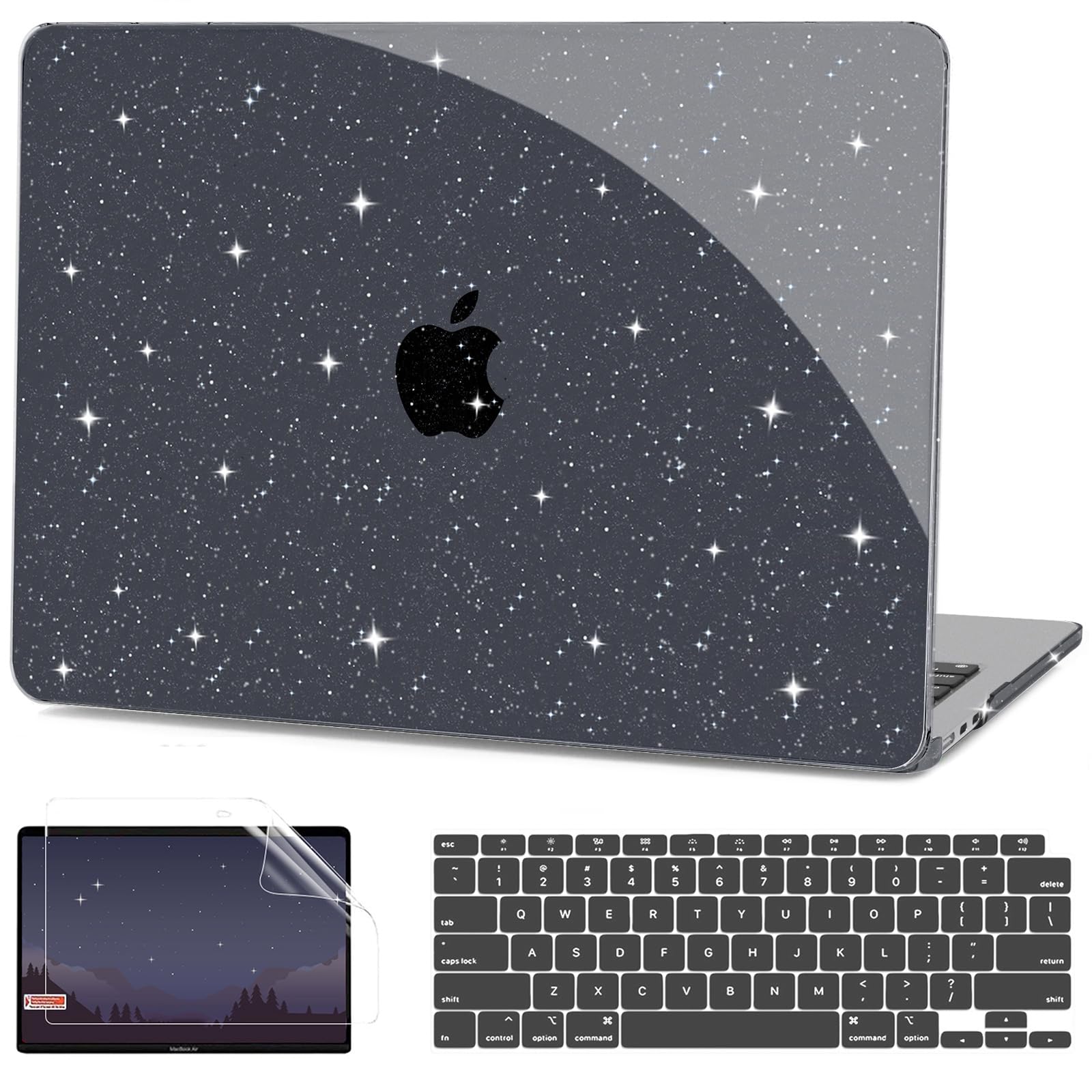 Compatible with MacBook Air 13 Inch Case 2022 2021 2020 2019 2018 Release M1 A2337 A2179 A1932 Touch ID, Glitter Plastic Hard Shell Case + 2 Keyboard Covers + Screen Protector, Sparkly Black
