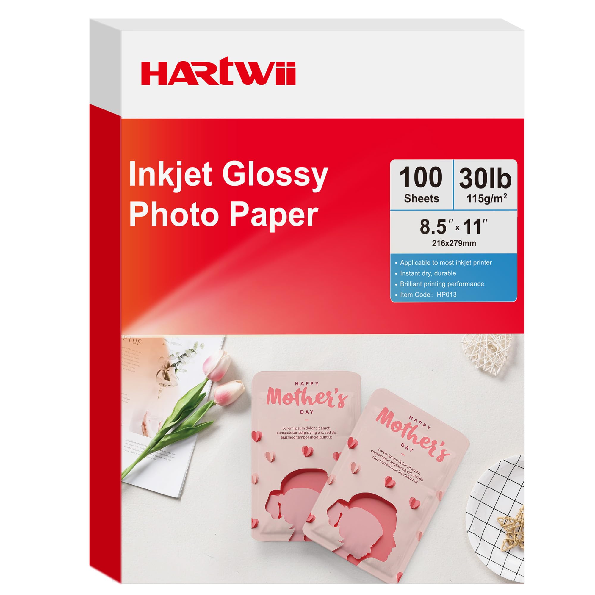 Papel fotográfico brillante de 115 g/m², 100 hojas de 8.5 x 11 pulgadas para impresión de inyección de tinta con tinta de tinte