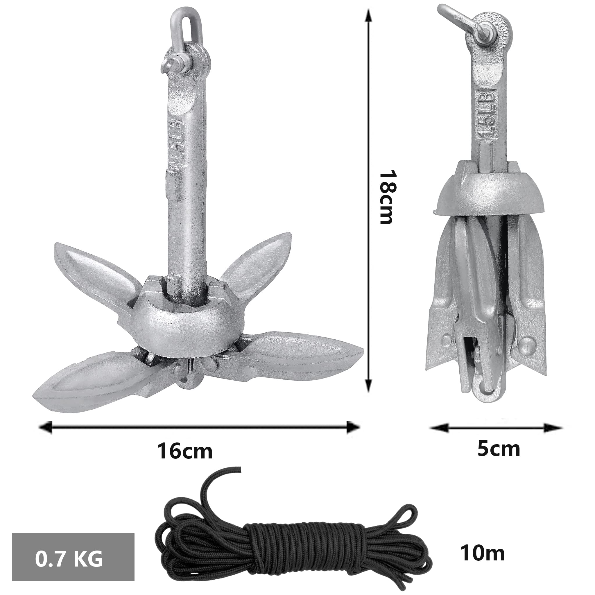 Faltanker Bootsanker aus verzinktem Stahl 0,7/1,5 kg, Klappanker für Boot, Schlauchboot, Kajak & SUP mit 10 m Ankerschleppseil, Wurfanker & Bootszubehör