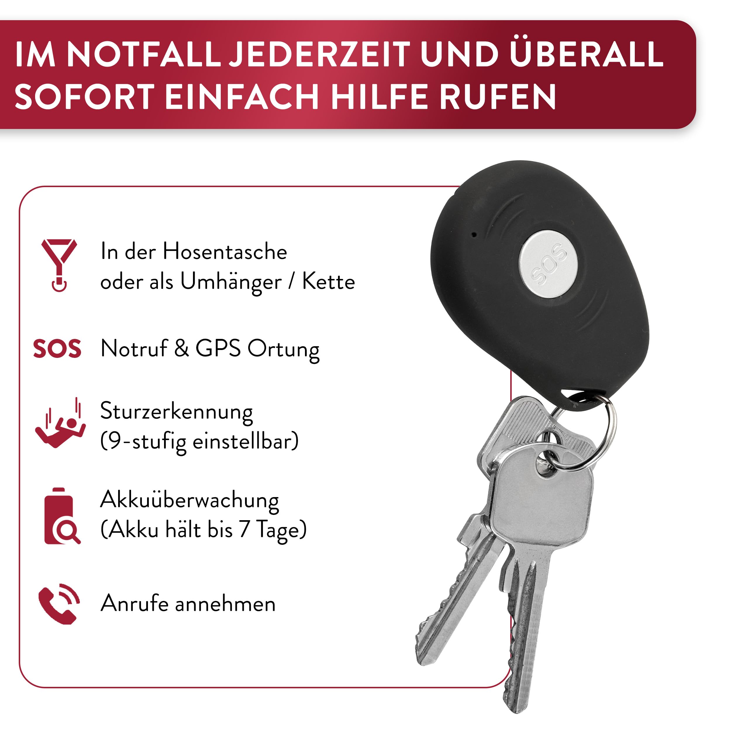 tellimed Mobile GPS Tracker Senioren mit Ortung, Telefonfunktion, Sturzerkennung & SOS Notrufknopf für Senioren, Erwachsene & Kinder - GPS Tracker ohne ABO mit SIM Slot