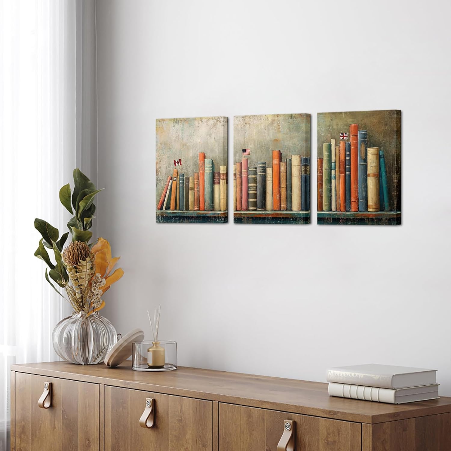 AoArtWZ Vintage Books Canvas Wall Art 3 Pieces Rustic Bar Chart Curve Prints Pictures Study Room Wall Decor Framed Artwork 12" x 16" x 3pcs