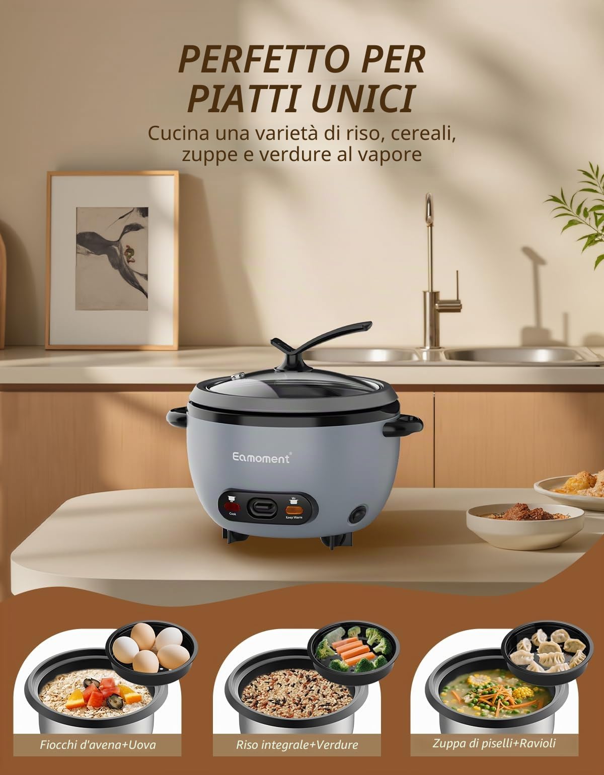 ERC-5P07SL 1L | 400W Cuociriso e Vaporiera 2 in 1 Riscaldare e cuocere 1-5 persone Pentola rimovibile antiaderente